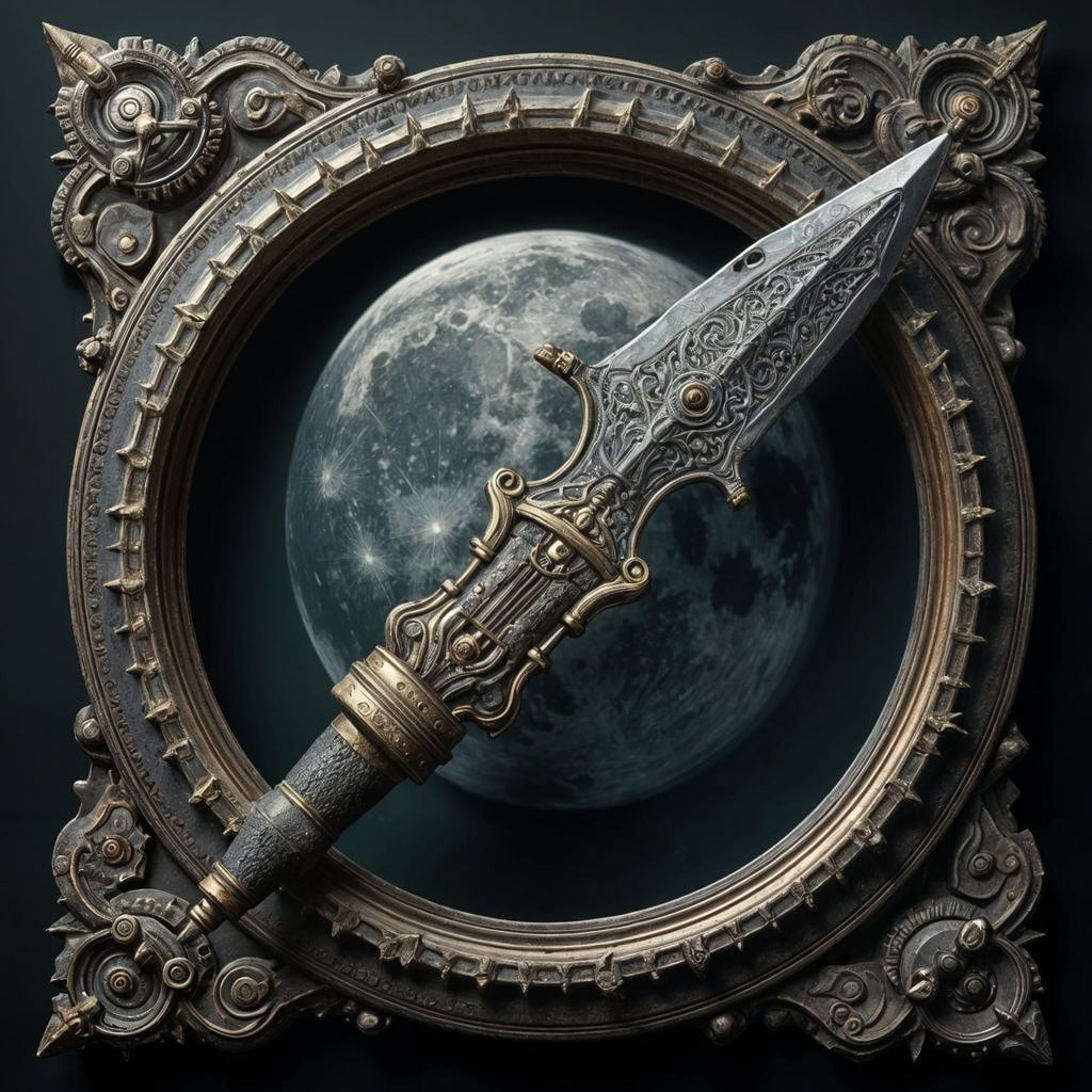 Surreal Mechanical Switchblade in Ornate Frame Under Full Mo...