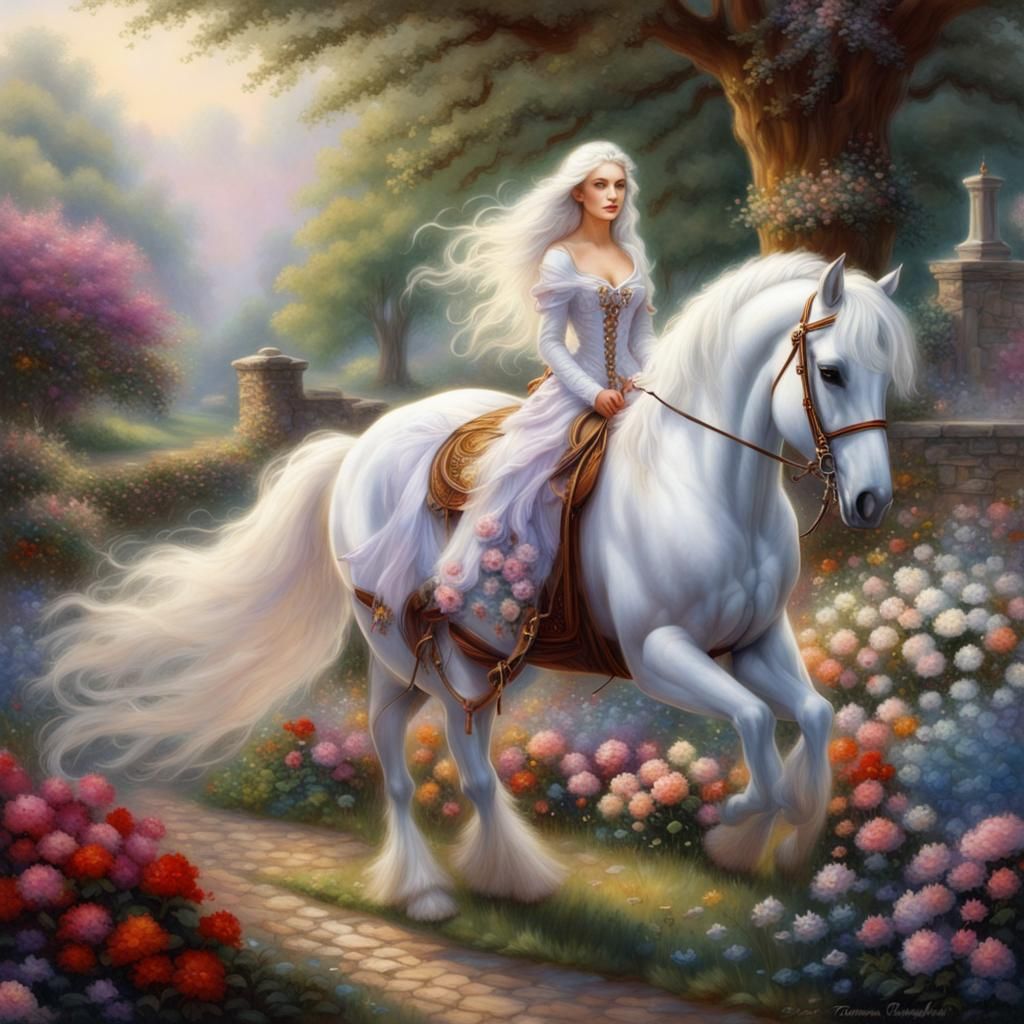 Woman on Clydesdale Horse in Ethereal Garden