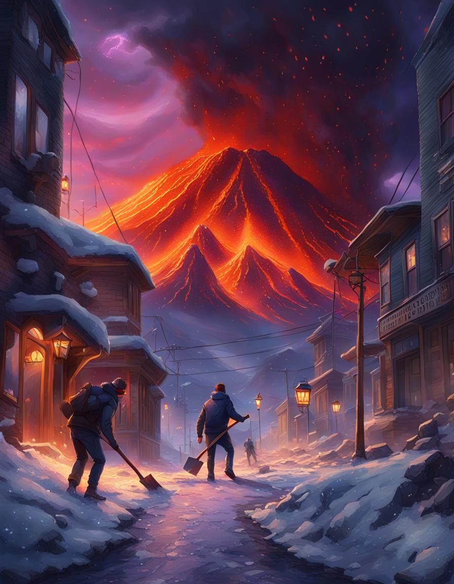 Fiery Ashes Amidst a Blazing Volcanic Snowscape