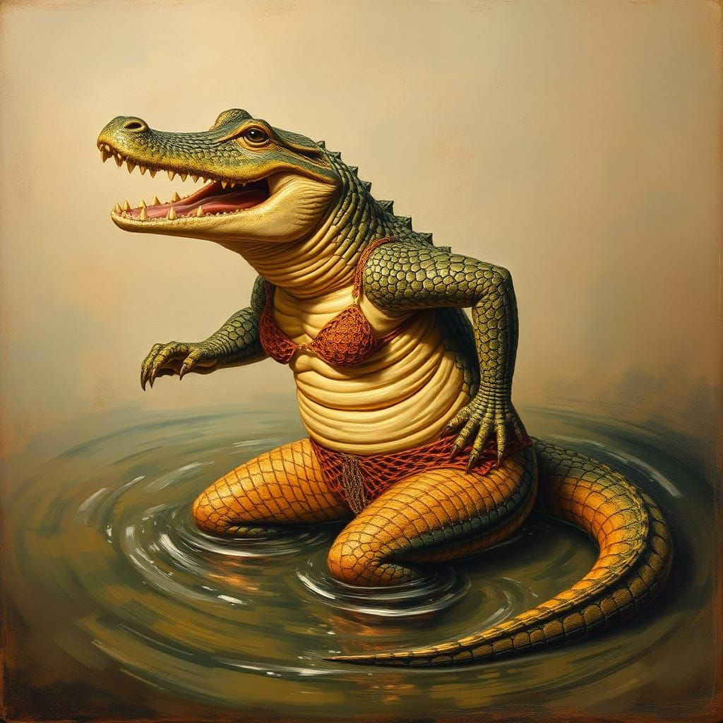 Crocodile in Macrame Bikini: Kley-Inspired Illustration