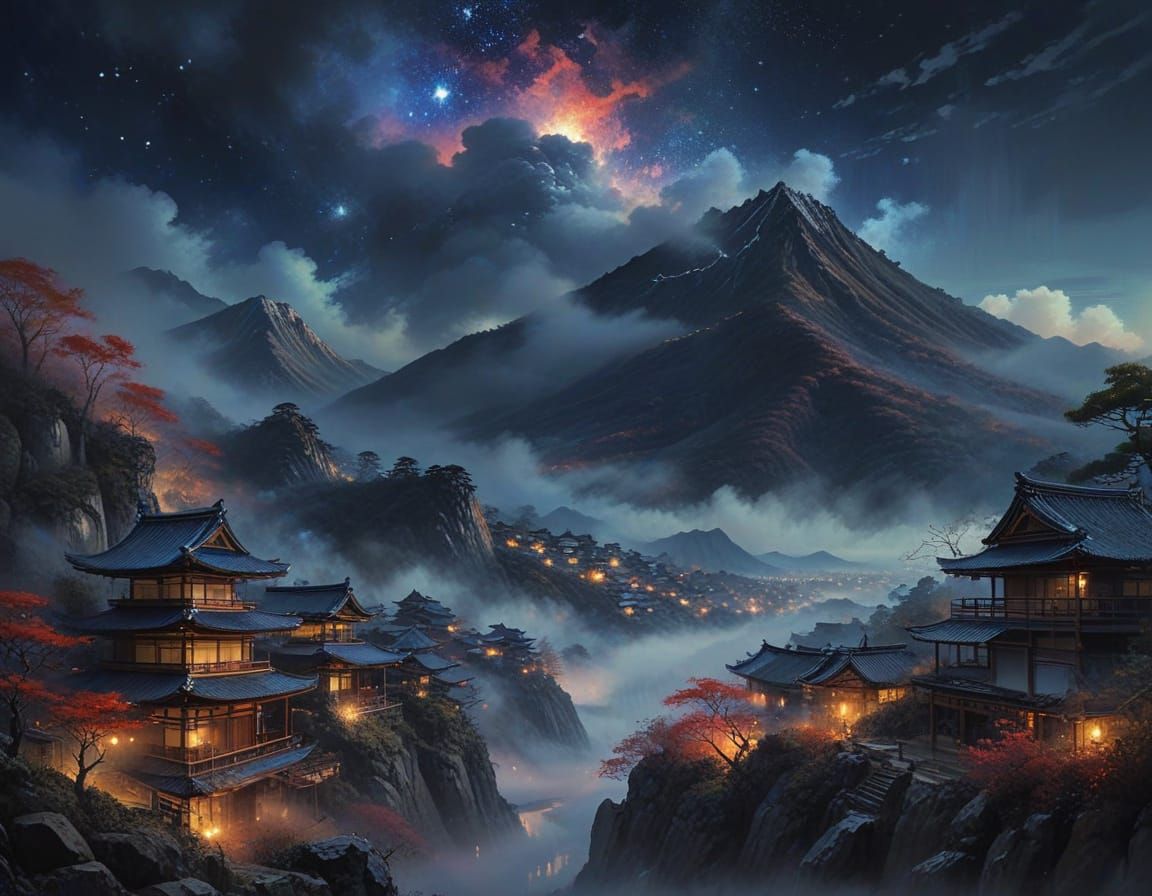 Surreal Japanese Village in a Cosmic Landscape
