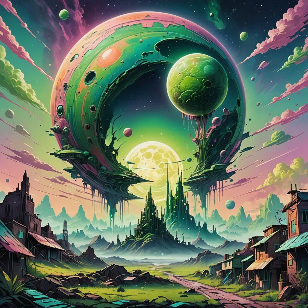 Colorful Alien Planet with Ringed Moon, Graffiti Art
