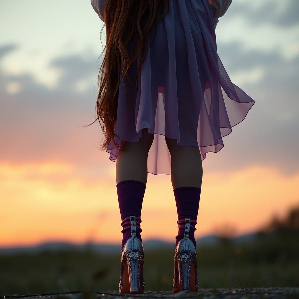 Ethereal Young Woman in Lavender and Plum at Dusk