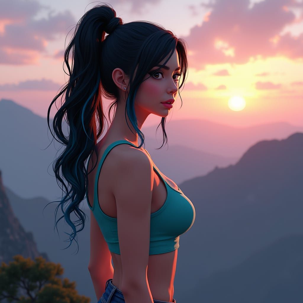 Asian Woman Portrait with Mountain Sunset, Hyperdetailed Art