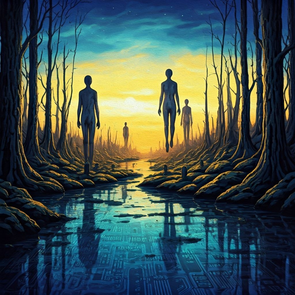 Surreal Landscape with Humanoid Forms as Tempura Painting