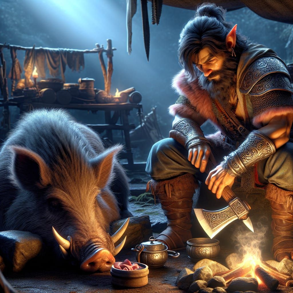 Tundrax Shadowaxe and his boar companion Lancer camping for the night