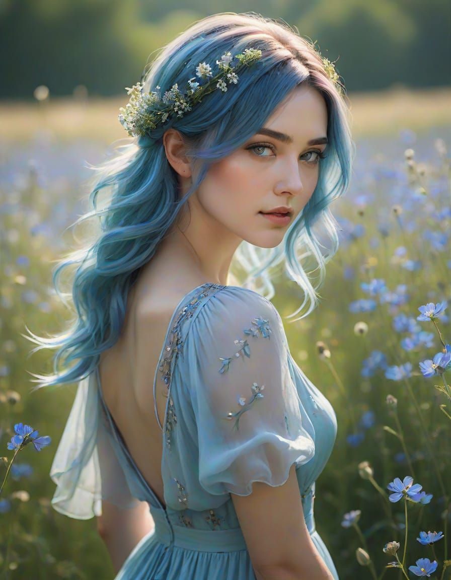 Ethereal Beauty in a Sunlit Meadow: Digital Fantasy Portrait