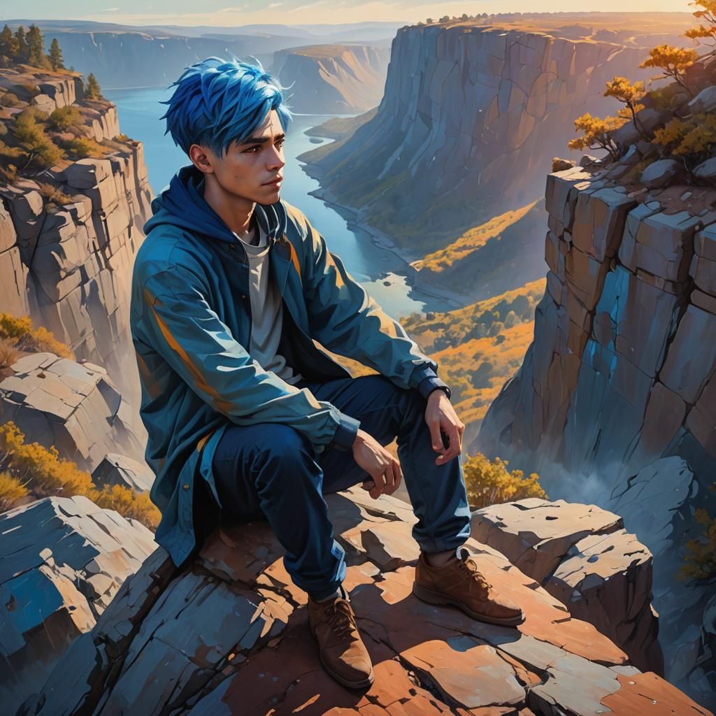 Blue-Haired Man on Cliff: A Digital Oil Painting