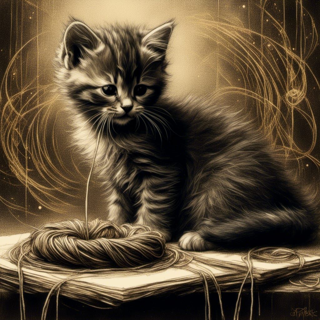 Cute Kitten Plays with Yarn: Charcoal Sketch Portrait