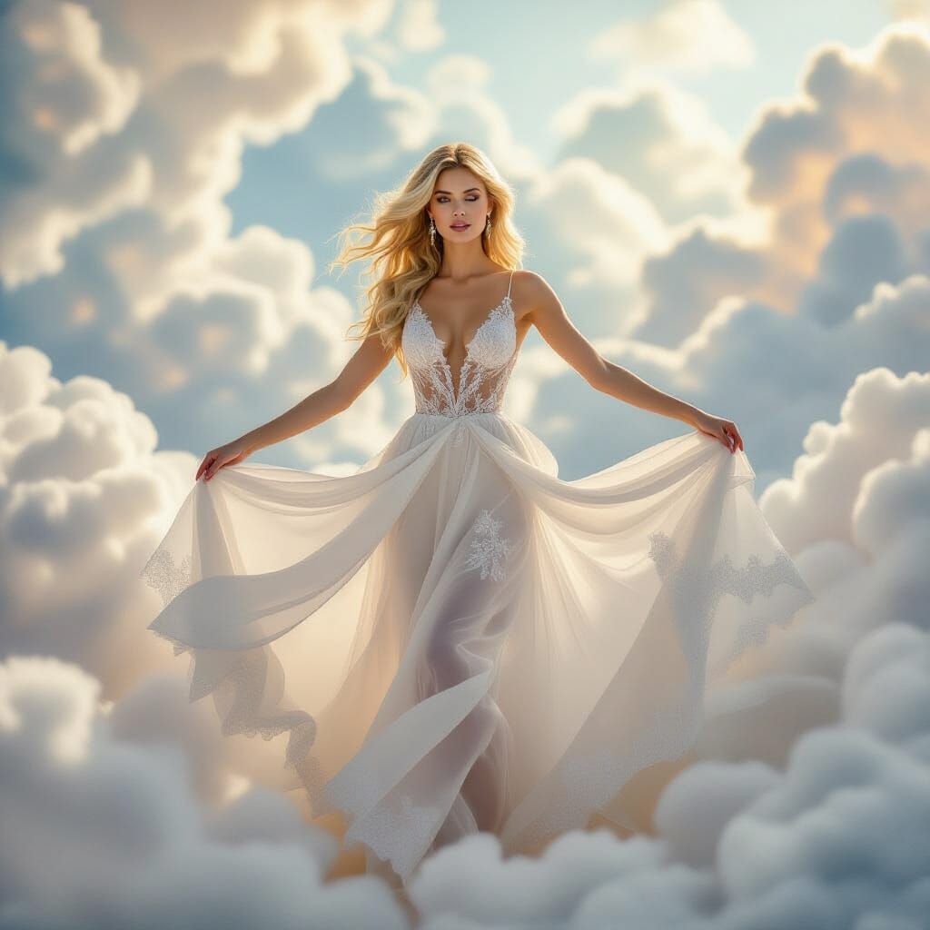 A captivating scene showcases a beautiful blonde woman dancing gracefully among clouds, adorned in a flowing translucent...