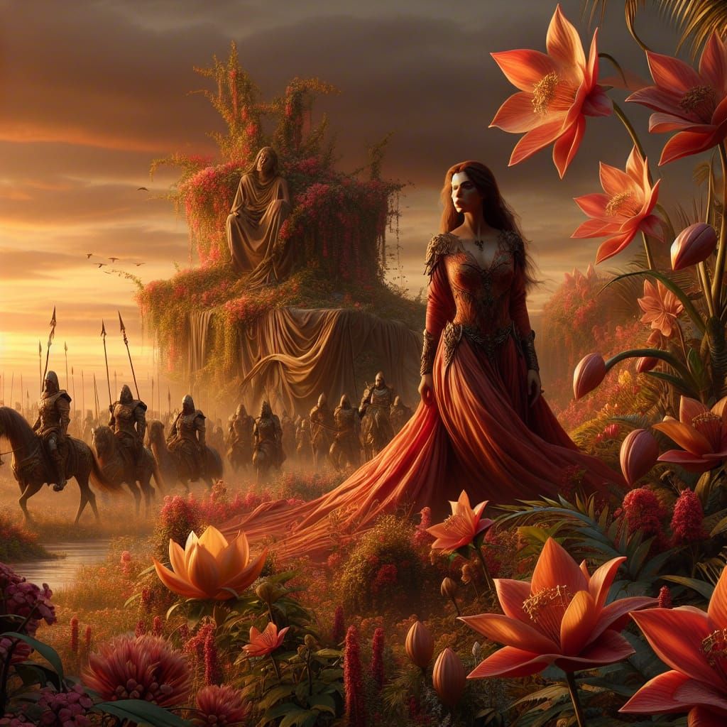 Hyperrealistic Garden at Sunset with Gigometria Flowers