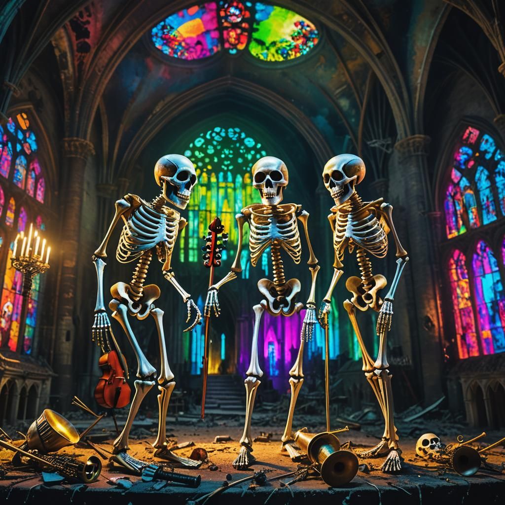 Skeletal Orchestra in Abandoned Cathedral: Surrealist Artwor...