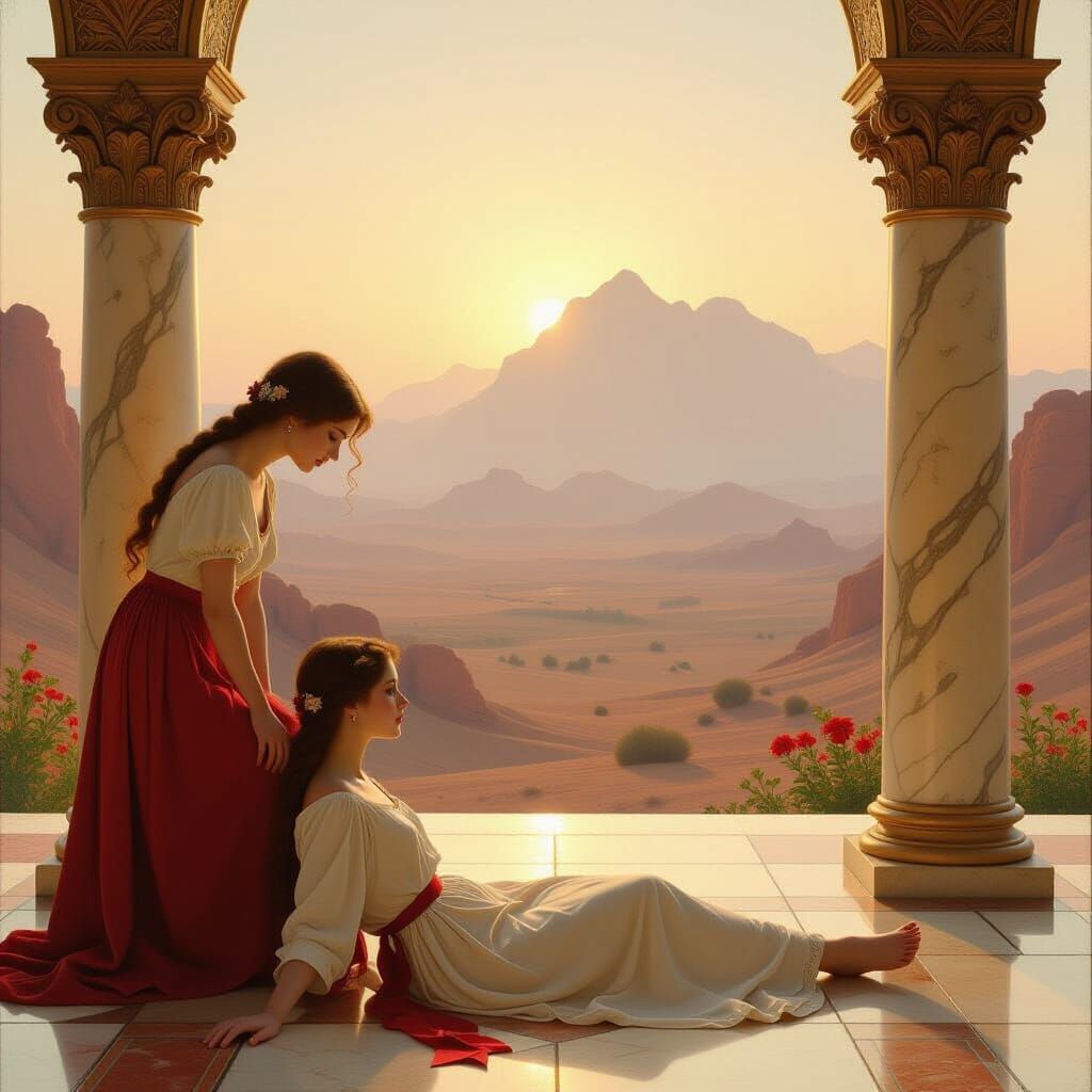 Pre-Raphaelite Maiden in Martian Mountain Landscape