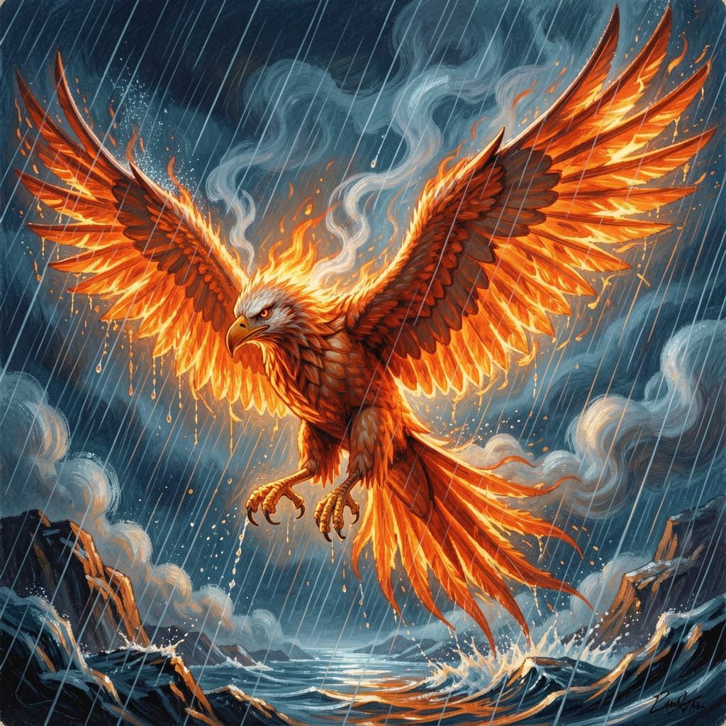 Fiery Phoenix Soars Through Stormy Skies
