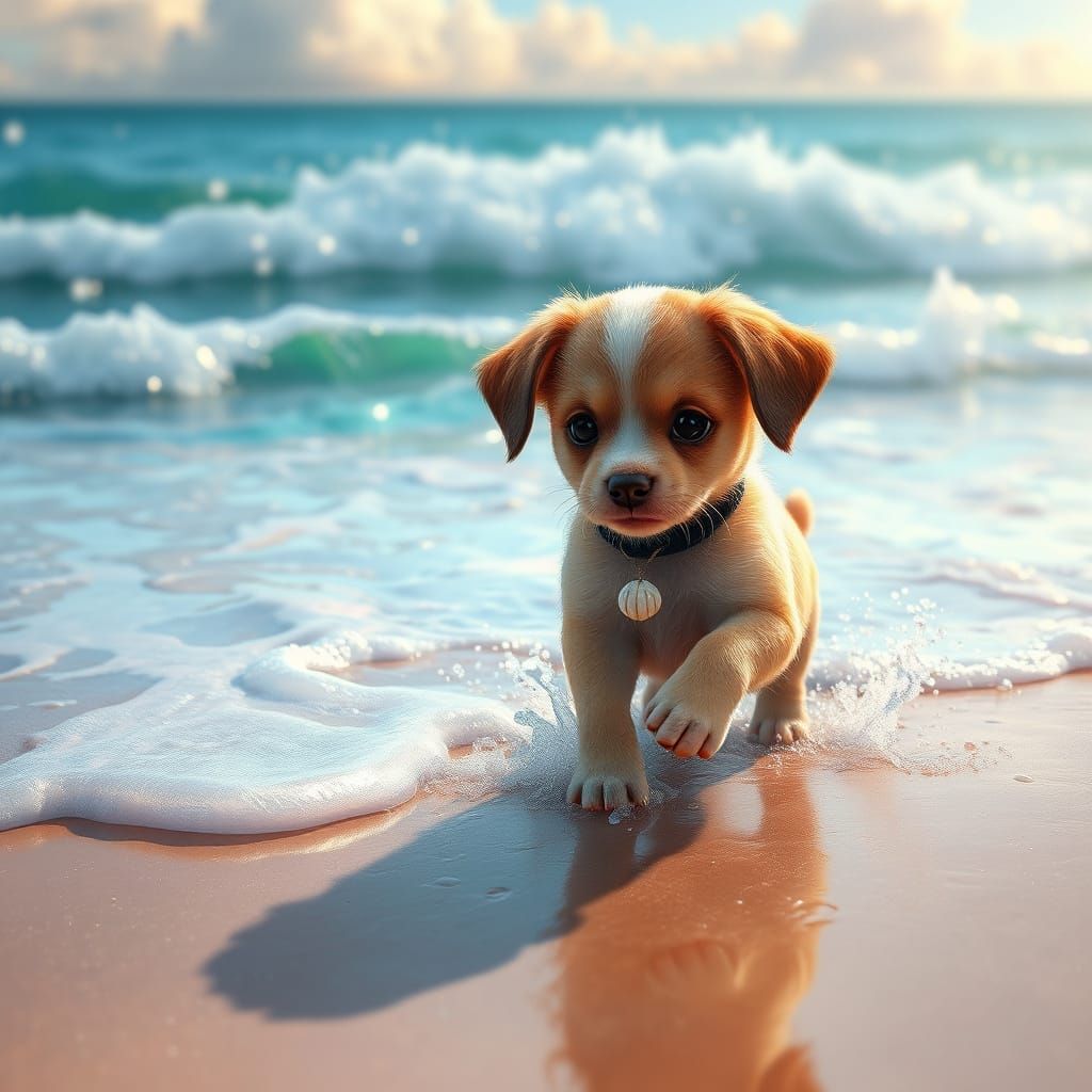 Whimsical Puppy Plays on Enchanted Seaside