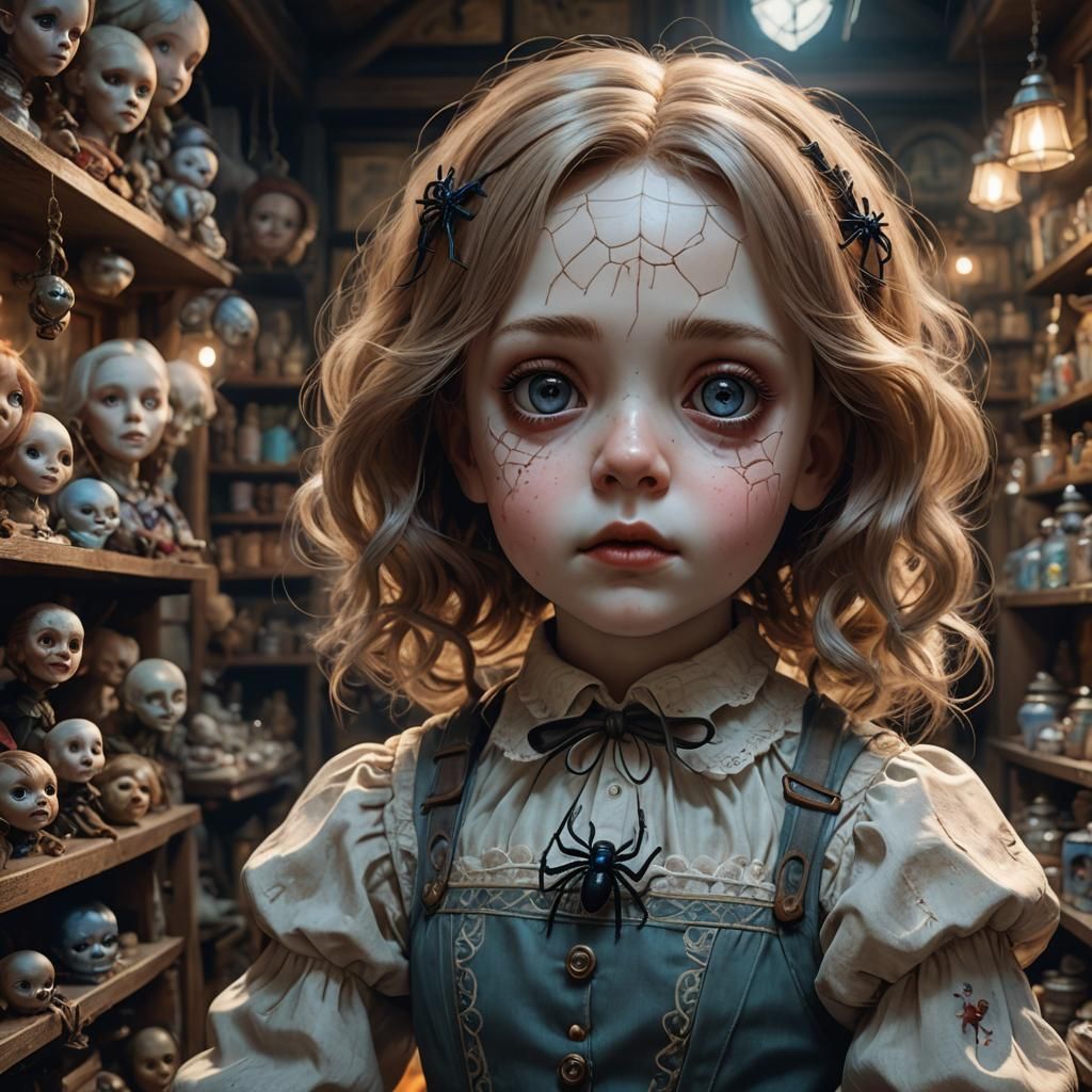 Eerie Porcelain Doll in Spooky Toy Shop