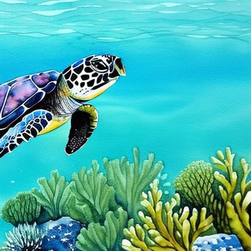Watercolor Sea Turtle in Great Barrier Reef