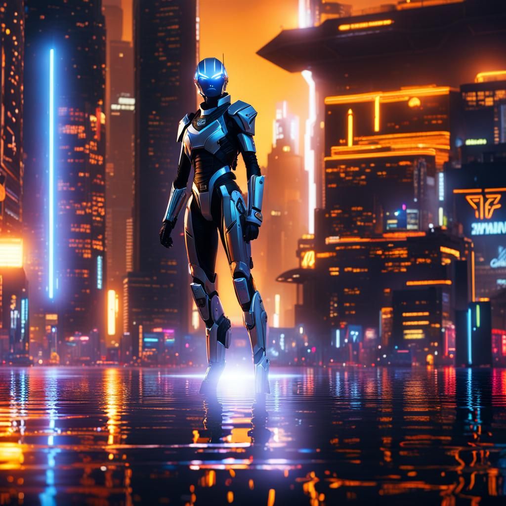 Futuristic Giant Qu in Cyberpunk Cityscape