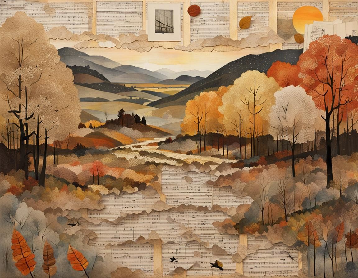 Autumn Landscape in Mixed Media Collage Style