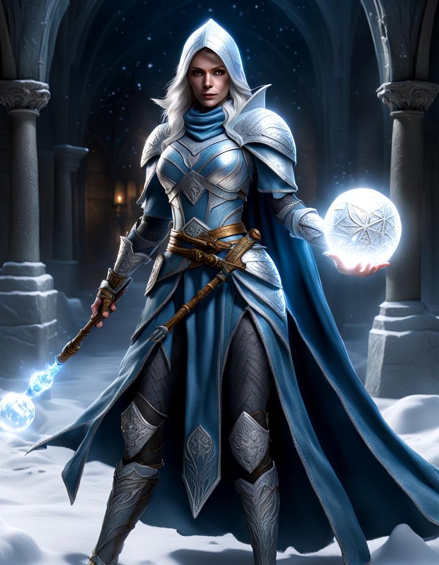 Hyperrealistic Female Wizard Forming Frost Ball