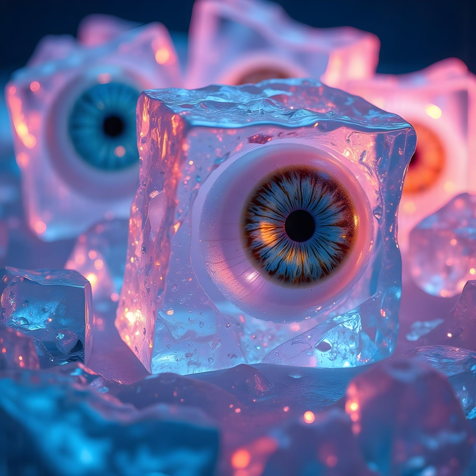 Vibrant Ice Cubes with Glowing Eyes in Hyperrealistic Detail