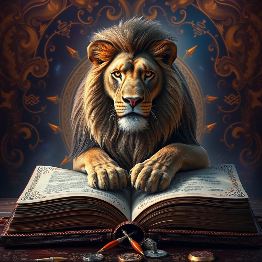 Majestic Lion Reading Ancient Book in Fantasy Style