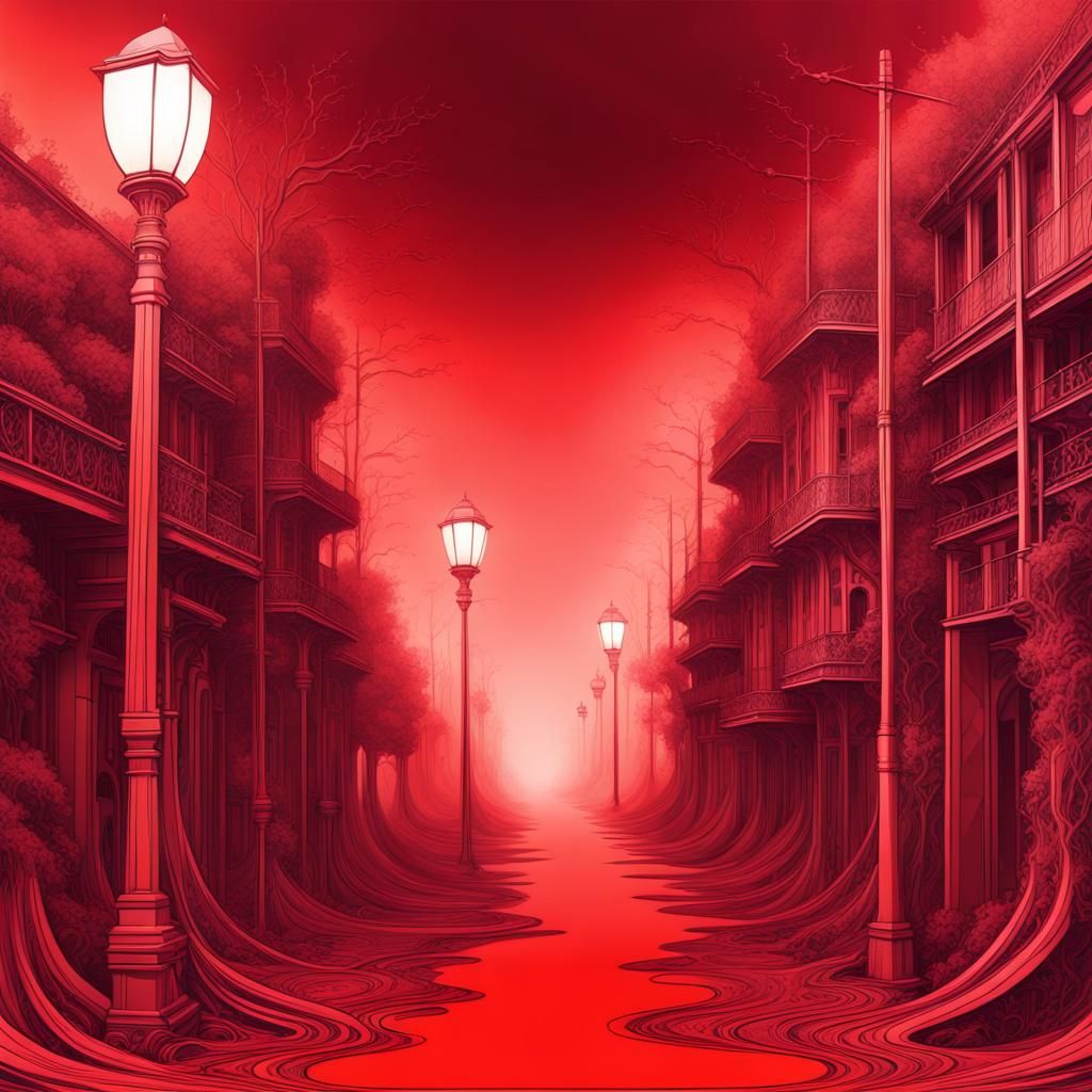 Dilapidated Cityscape with Red Sky and Vector Fractals