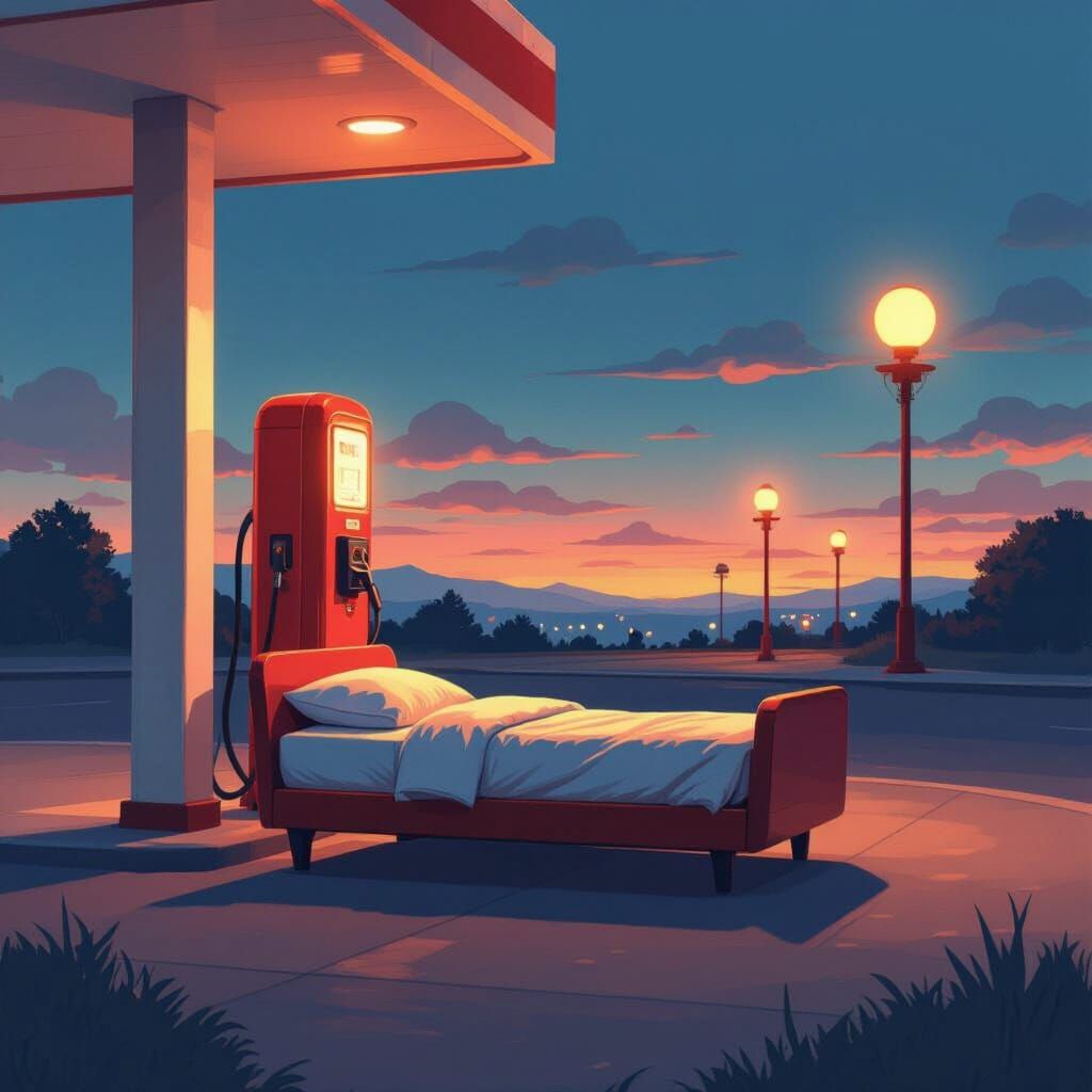 Cozy Cot in Surreal Gas Station Twilight