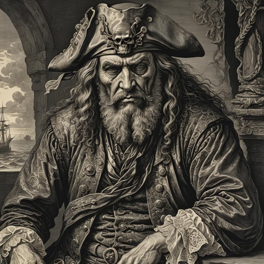 Mournful Pirate Baron in Etching Style