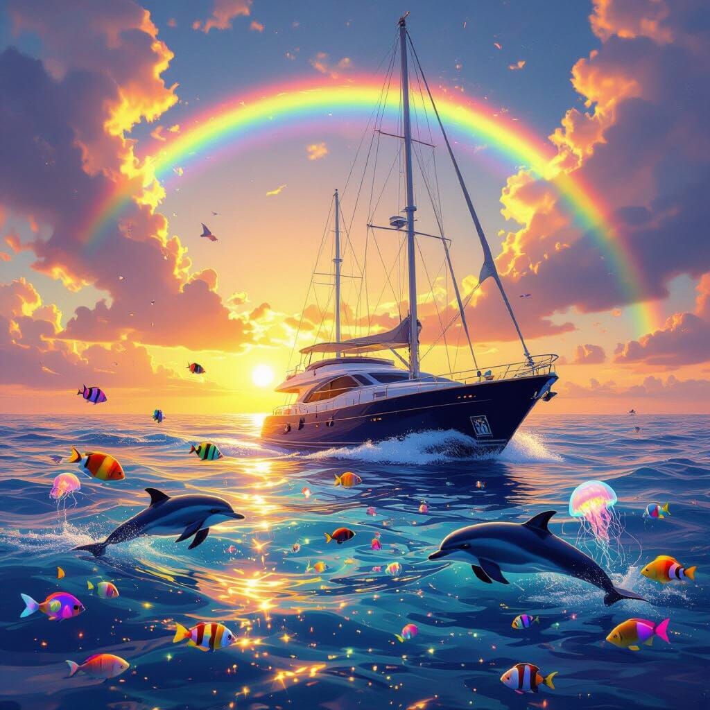 Yacht and Sea Life Under Rainbow in Golden Light
