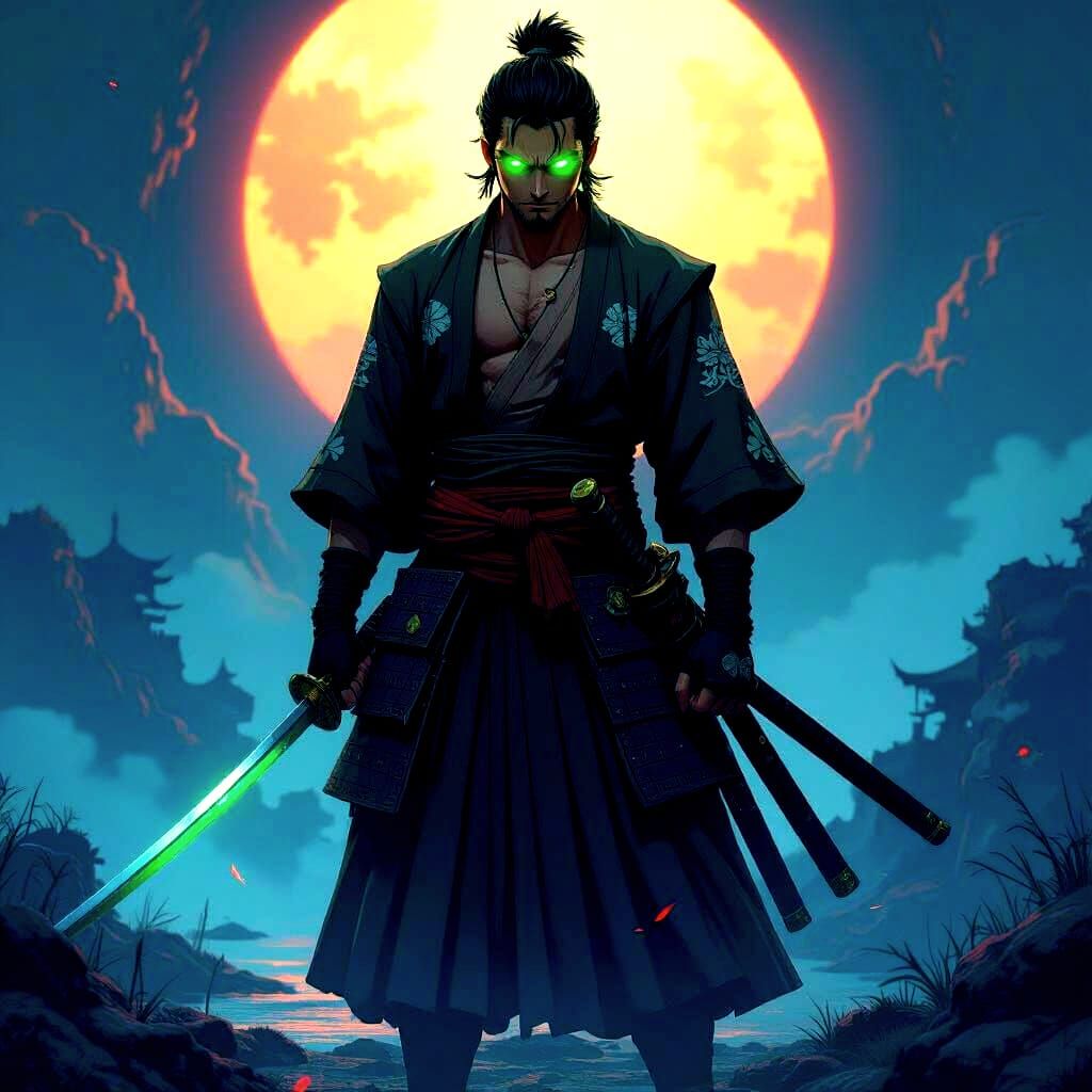 Roronoa Zoro with Glowing Eyes: Detailed Matte Painting