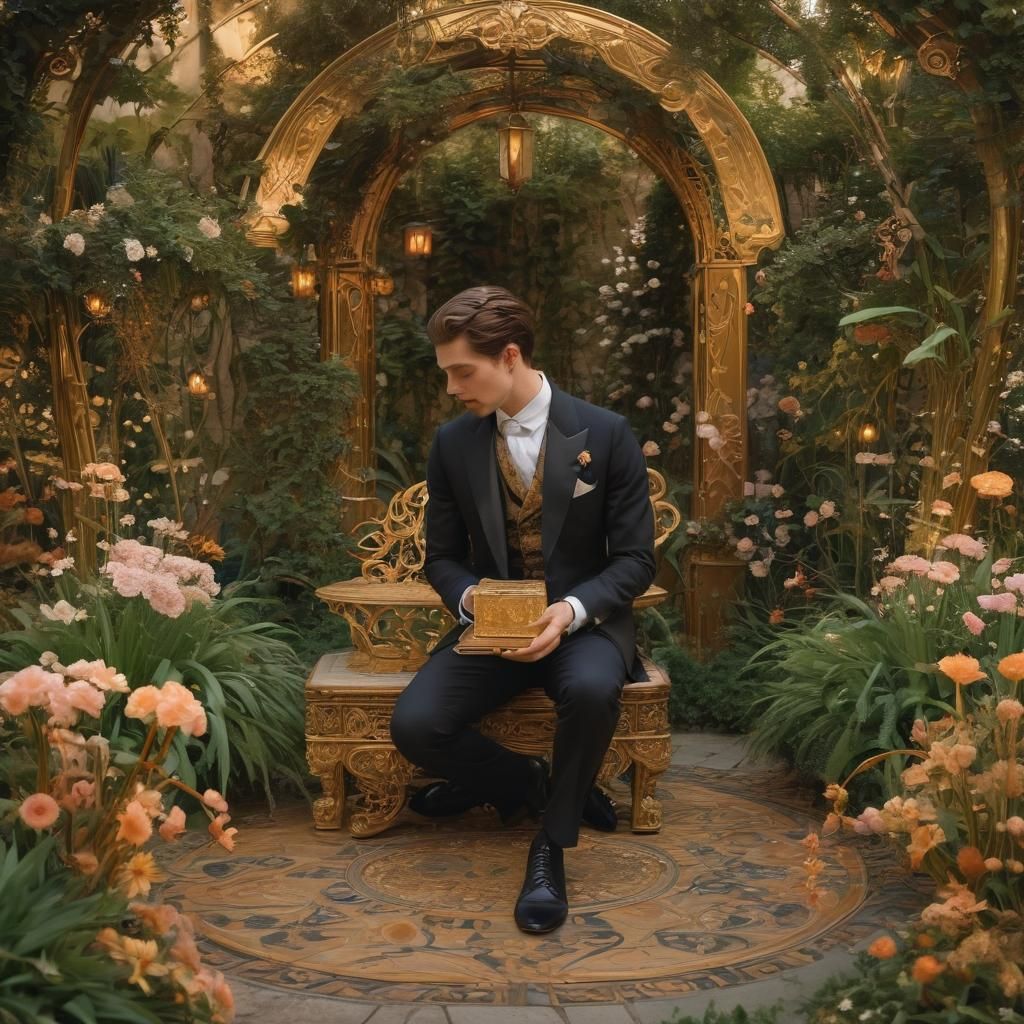 Art Nouveau Suitor Proposes in Ornate Garden