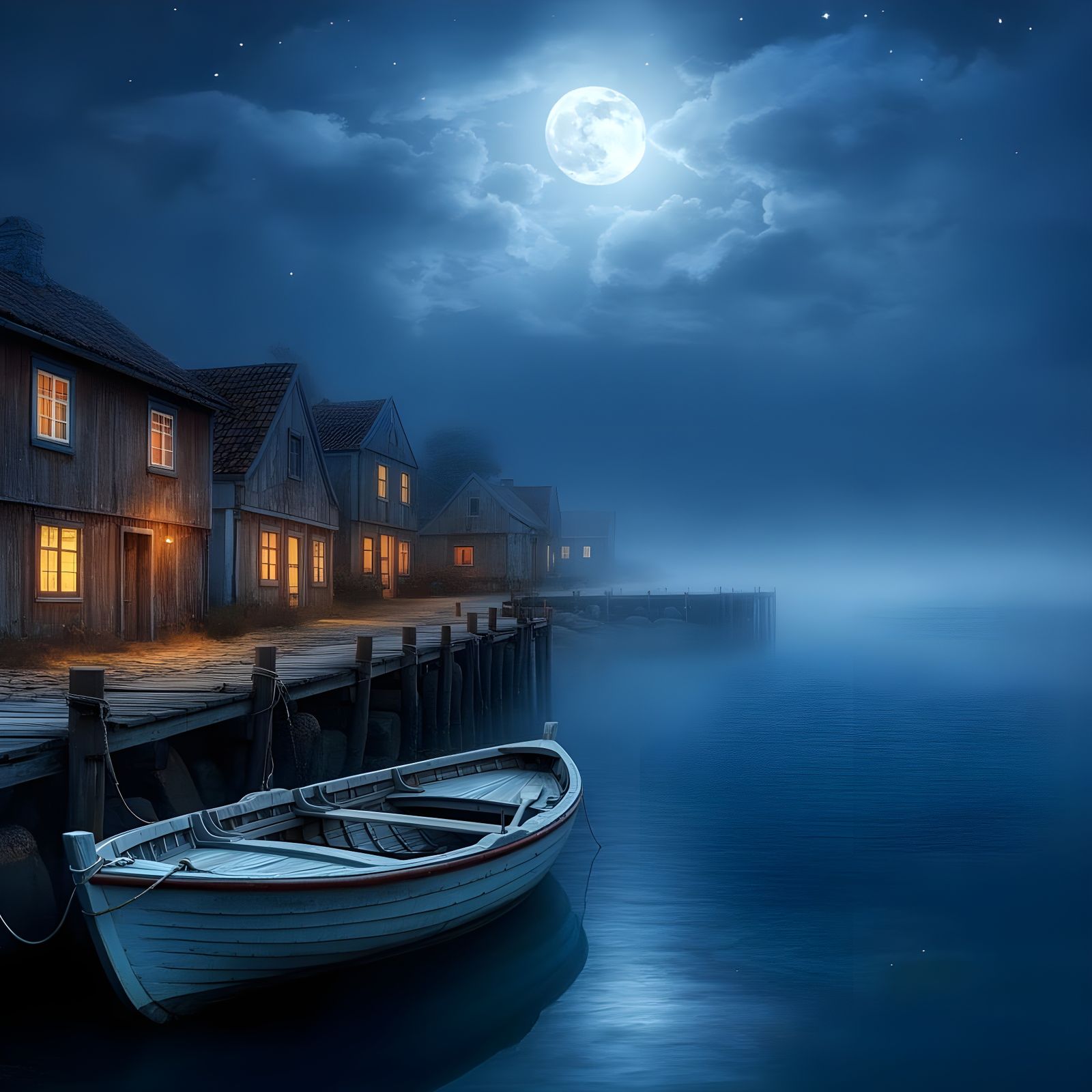 Moonlit Coastal Village at Night