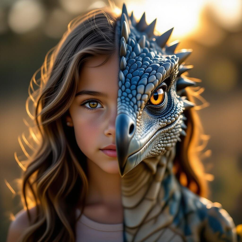 Photorealistic Half-Girl, Half-Raptor Creature Portrait