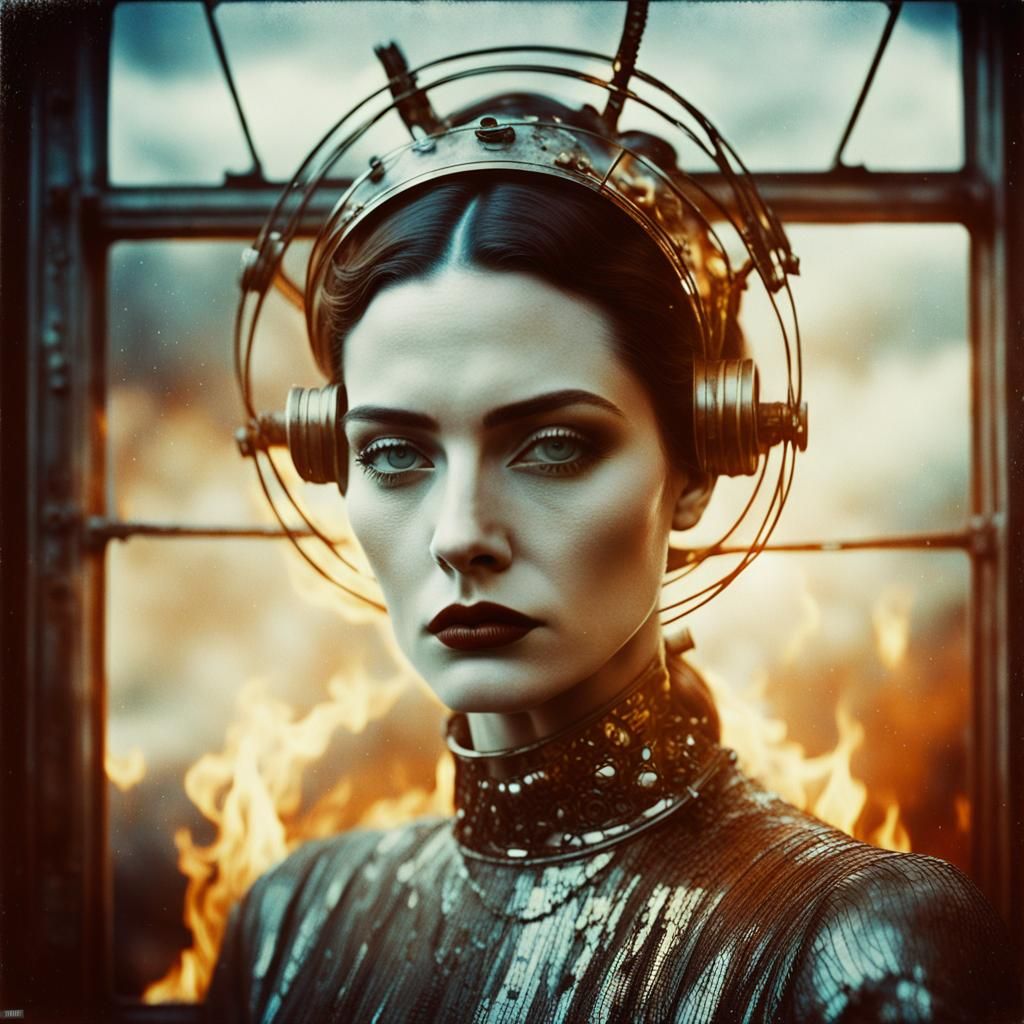 Retro-Futuristic Fire Goddess in Dreamlike Spaceship