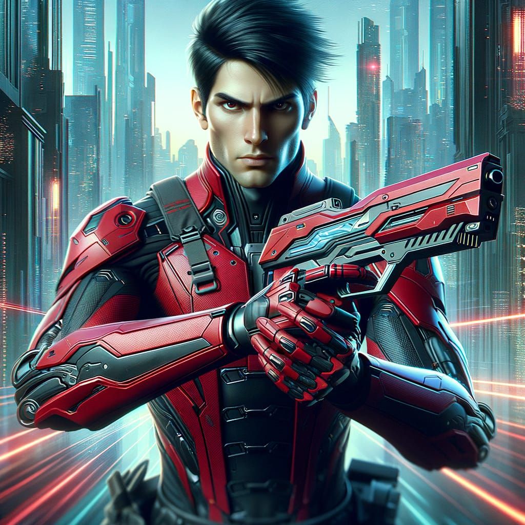 Futuristic Red-Costumed Warrior in Combat Pose