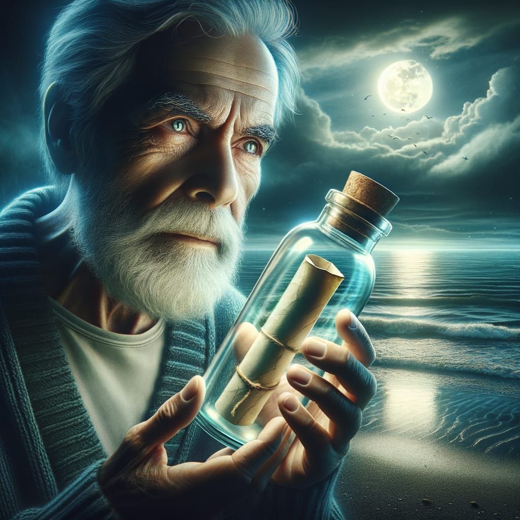 Mystical Moonlight Night: Man with Message in Bottle