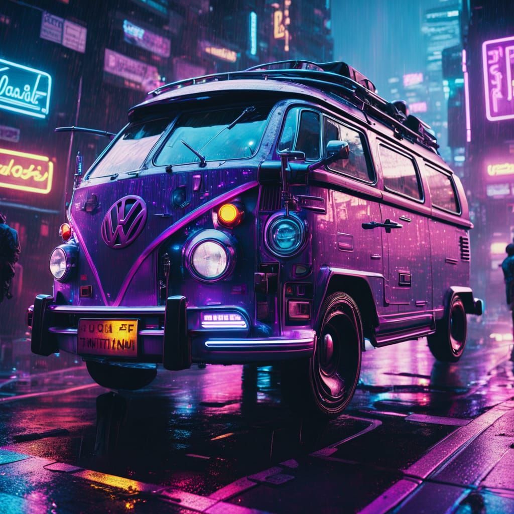 Cyberpunk VW Campervan Speeds Through Futuristic City