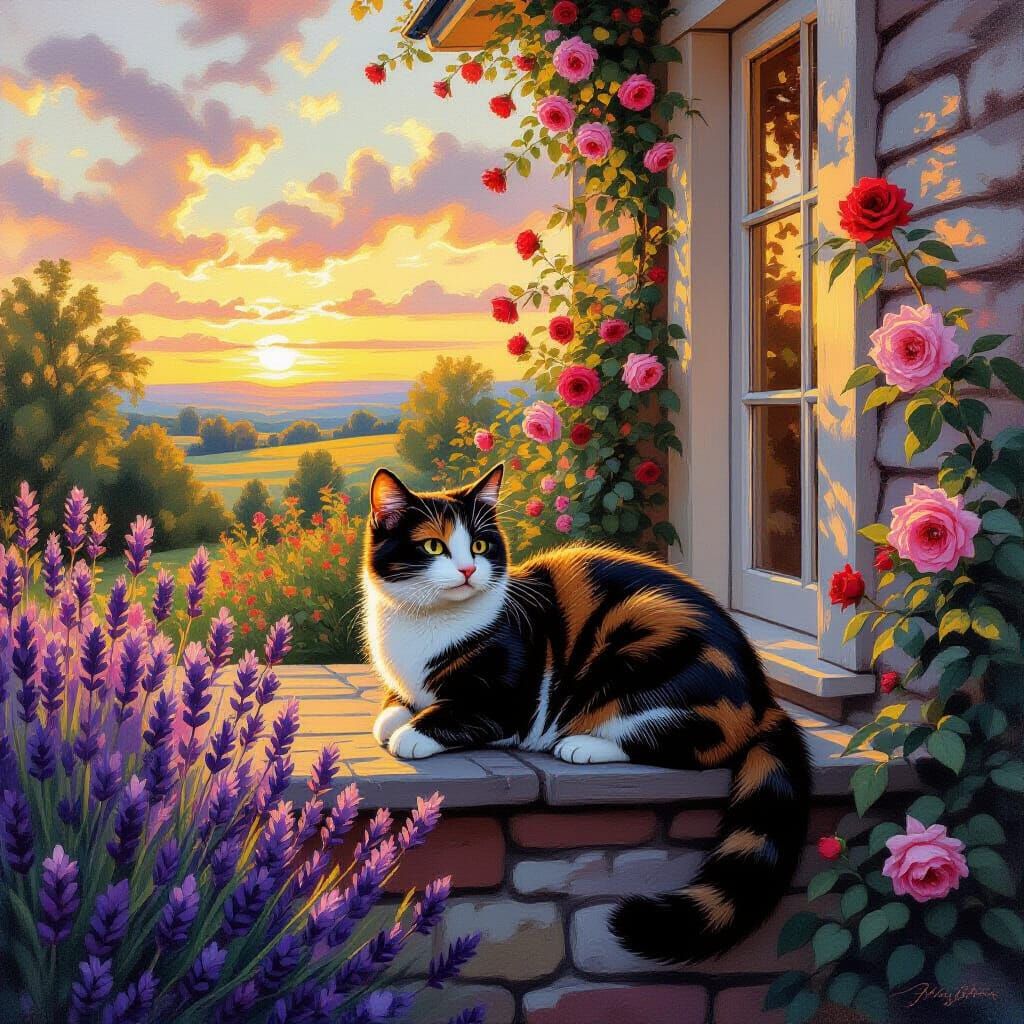 Tortoiseshell Cat in Cottage Garden, Classical Landscape