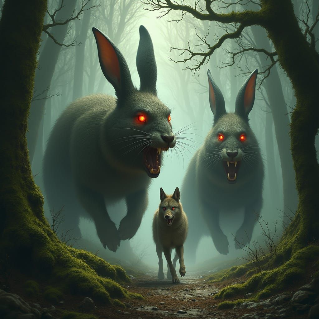 Giant Rabbits Hunt Wolf in Dark Fantasy Forest
