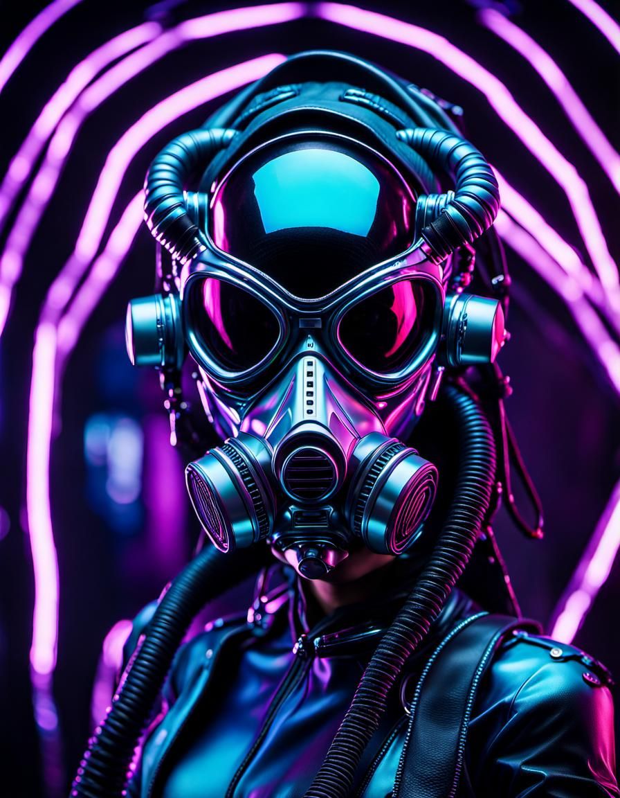 Cyberpunk Supermodel with Alien Gasmask in Futuristic Studio