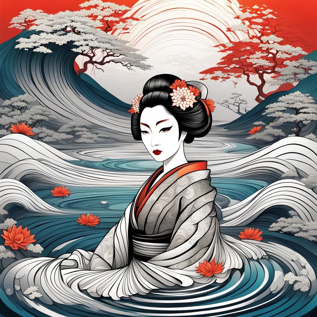 Geisha in Hot Spring with Abstract Fractal Art