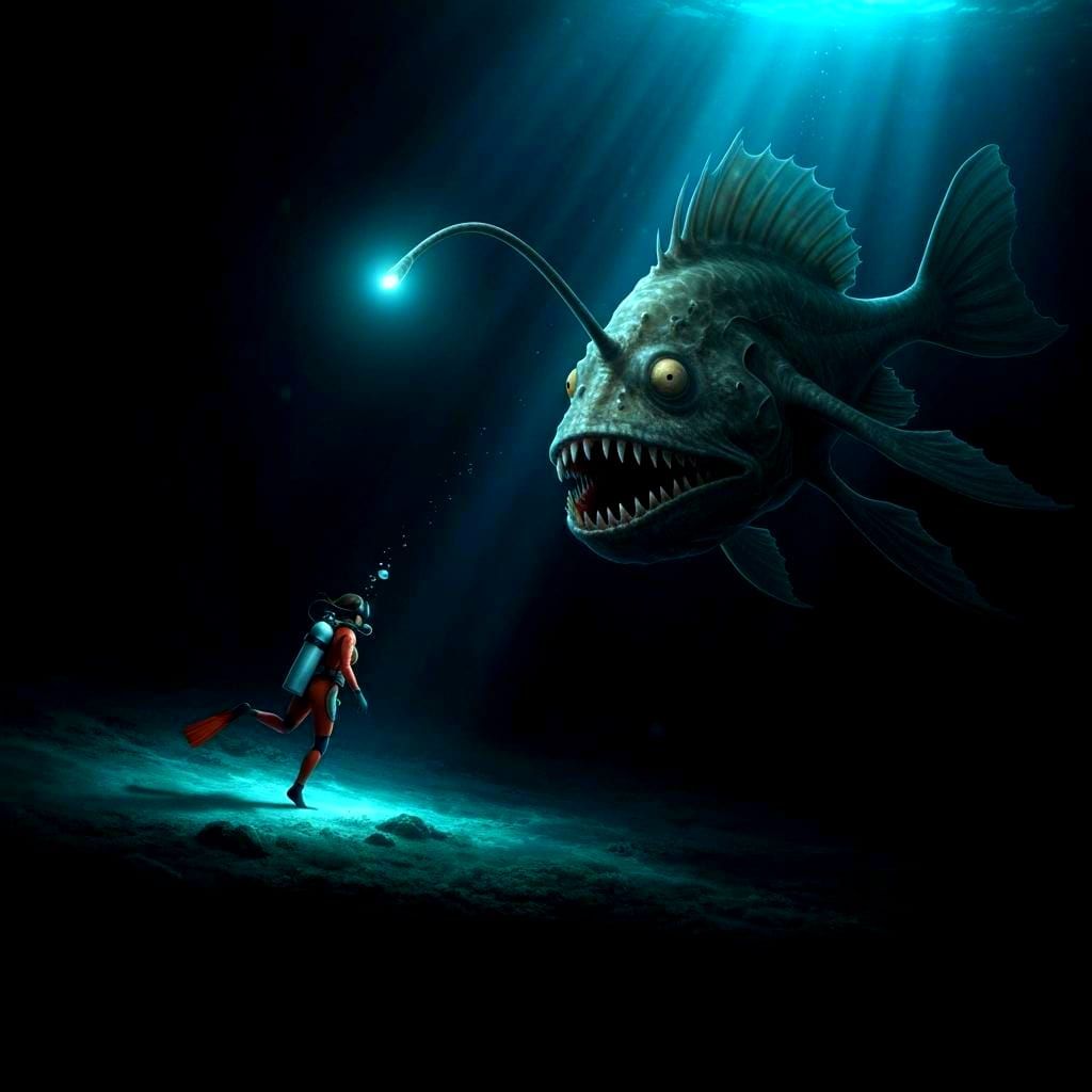 Horror: Giant Anglerfish Stalks Deep Sea Diver