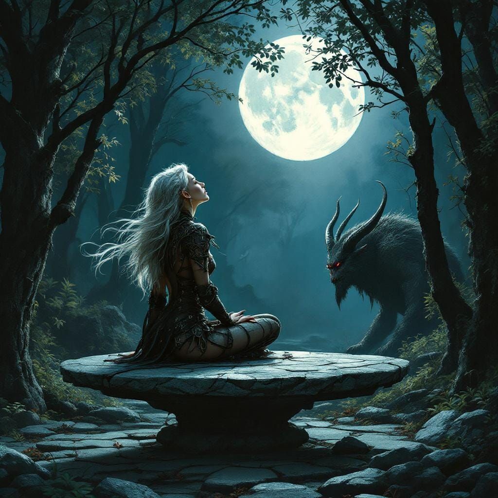 Elf on Stone Table in Dark Woods