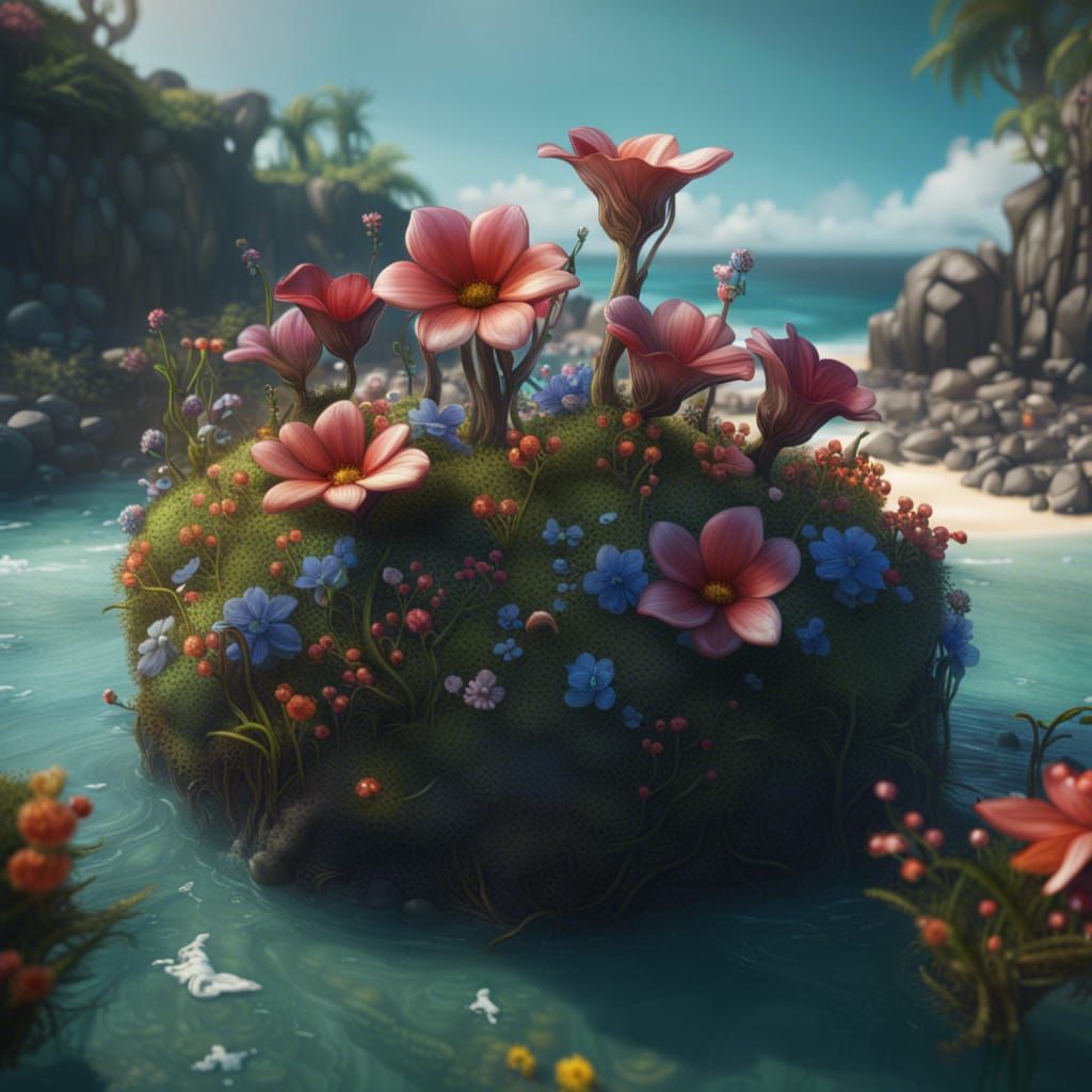 Island Flowers in Detailed Matte Painting Style