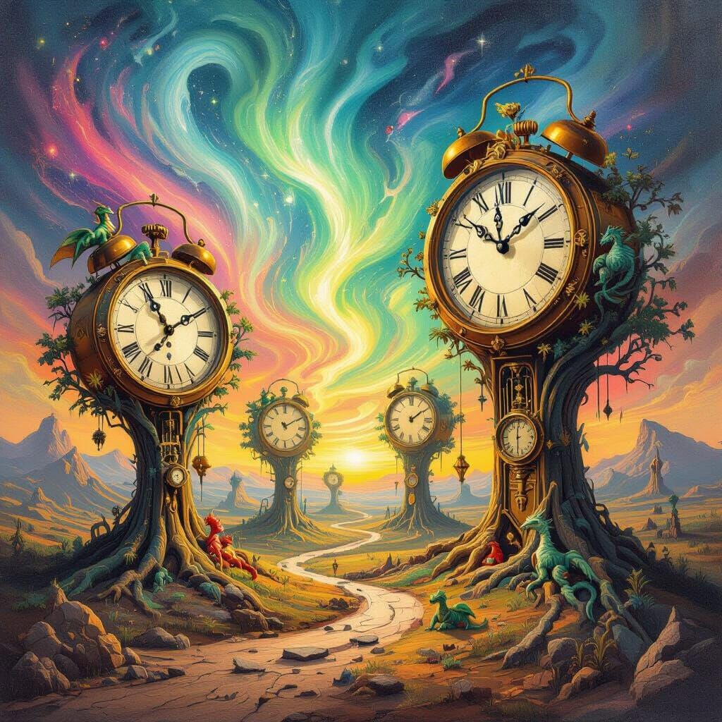 Surreal Landscape of Giant Clock Trees with Mythical Creatur...