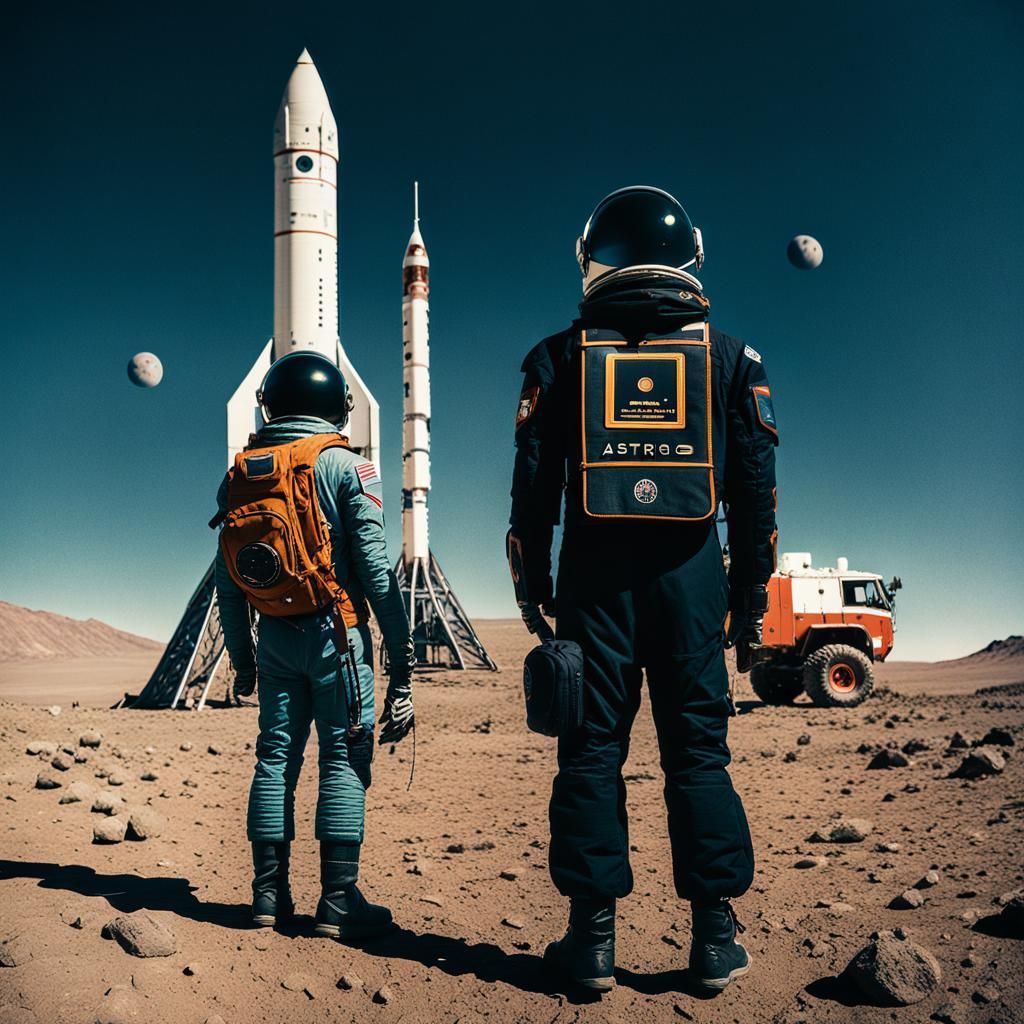 Astronaut, Cyborg and Space Rocket in Cinematic Style