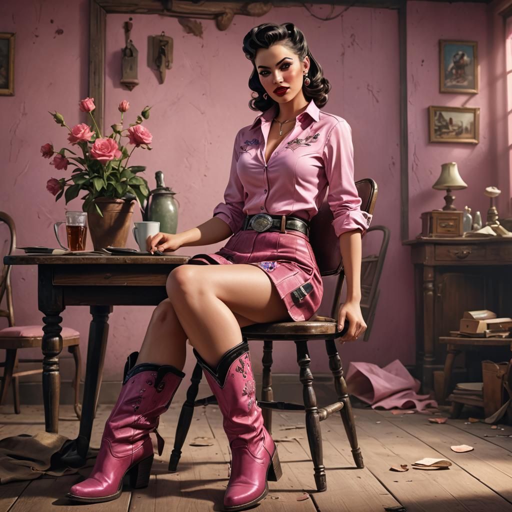 Pin-Up Girl in Cowboy Boots, Detailed Matte Painting