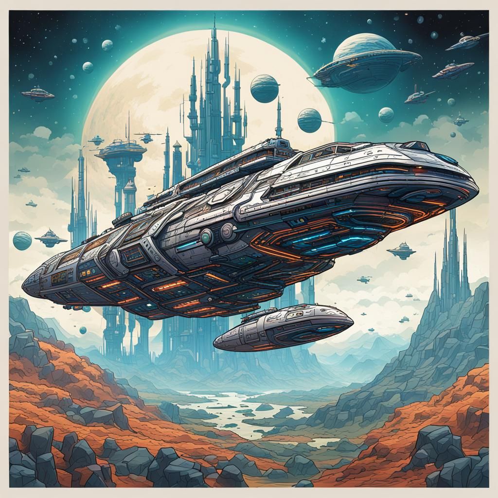 Spaceship Race Stencil Cartoon in Coloring Book Style