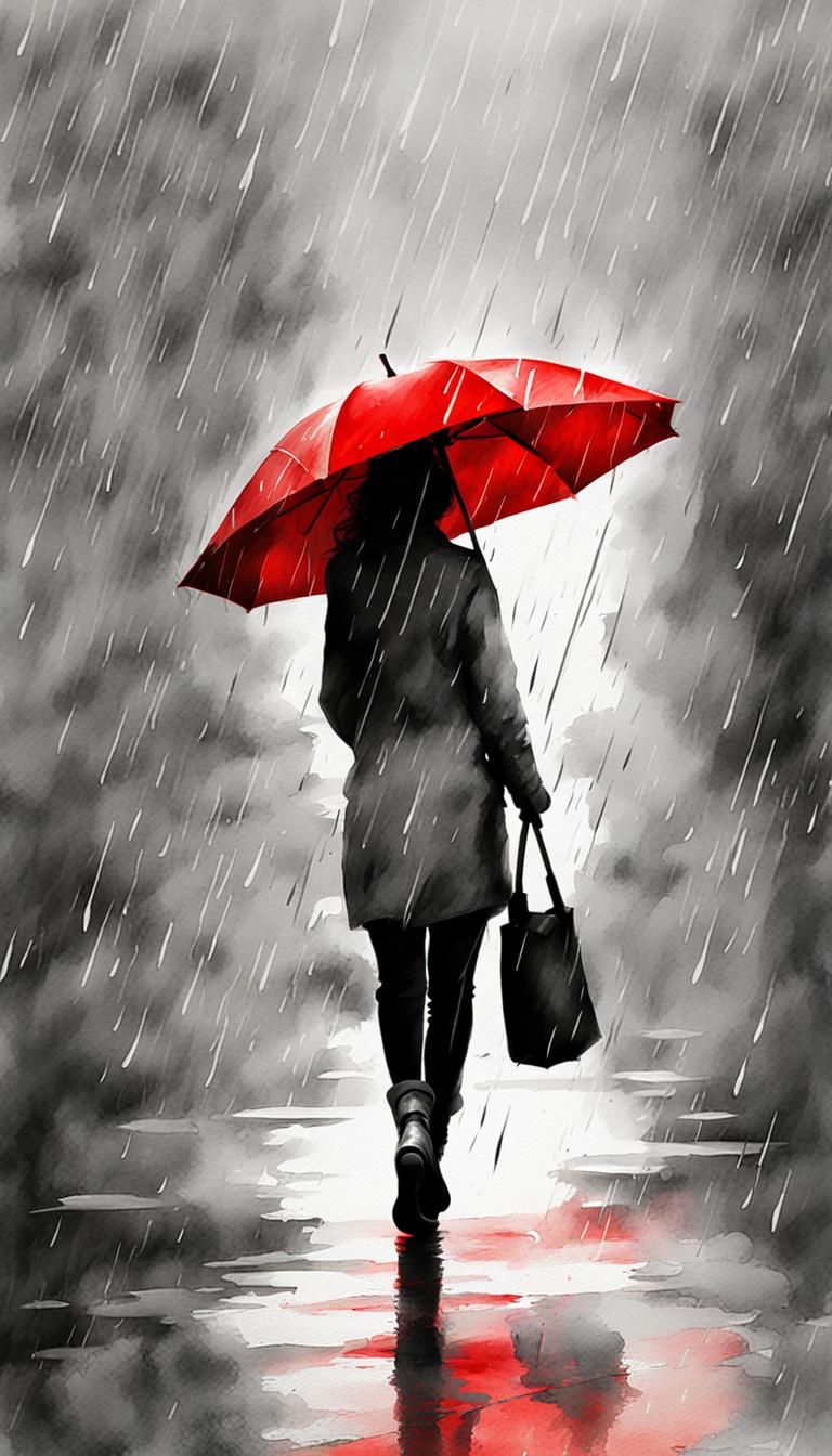 Woman with Red Umbrella in Rainy Paris, Watercolor